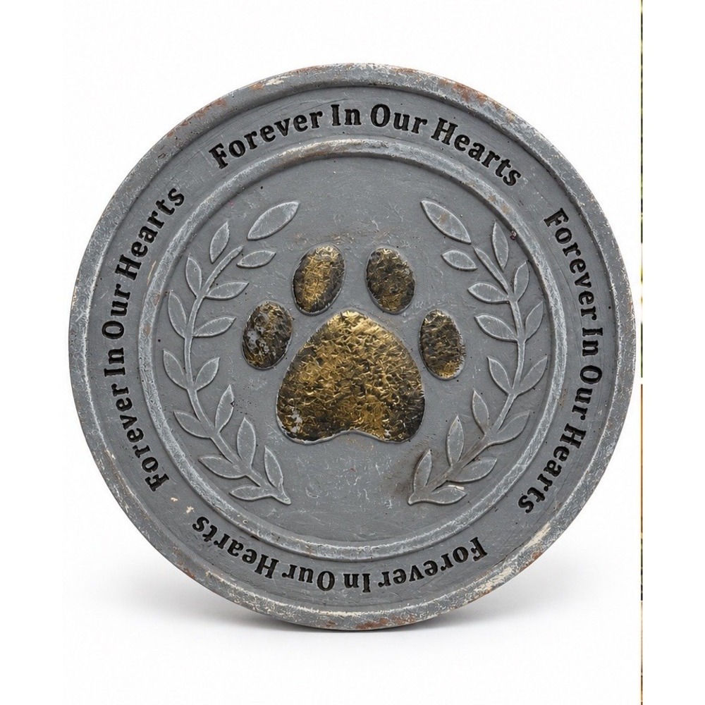 Forever In Our Hearts Pet Memorial Paw Print Garden Stone Plaque 6.5" Gray Gold